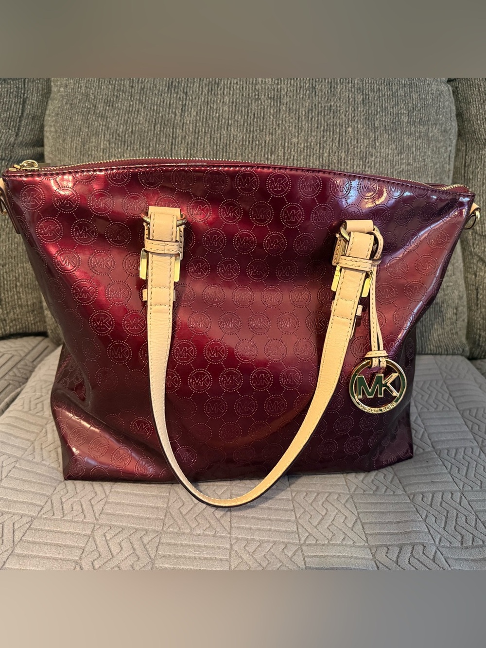 Michael Kors Burgundy Patent Tote with Cream Straps